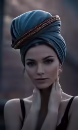 the young woman wears a turban and poses for a photo