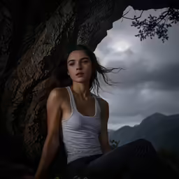 a woman in white is sitting near a tree