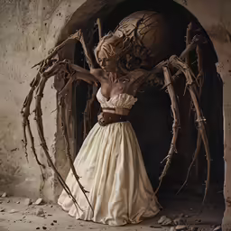 a woman with a strange head dress in a tunnel