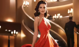 a woman in a red dress and heels stands on the stairs