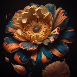 a close up of an orange and blue flower