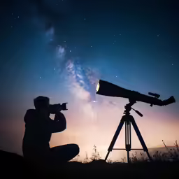 man with telescopes sitting on a hill watching the stars