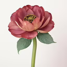 a large, pink flower with green leaves sits on a stem