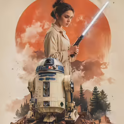 a girl in a star wars dress holds up her lightsaben