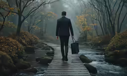 a man holding a black briefcase on a wooden path