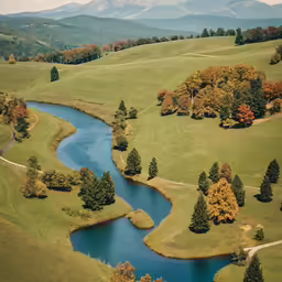 a photo taken from the air of a lake surrounded by rolling hills and green grass