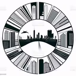 a city skyline with skyscrapers in a circle on white background,an emblem depicting the city skylines with skyline on a white background