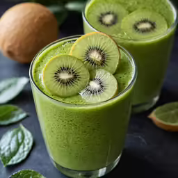two glasses of a green smoothie and some fruit