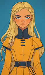 the blond haired woman with long hair wearing yellow