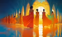 a line of women wearing orange dresses in a tunnel
