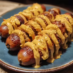 a blue plate with a lot of meat wrapped in dough
