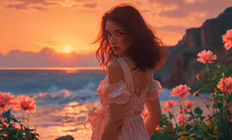 a woman standing next to flowers on the ocean,the sun rises over a beautiful young woman standing by a body of water