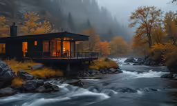 a house next to a river with water rushing underneath