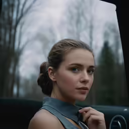 the woman sits behind the wheel of a car