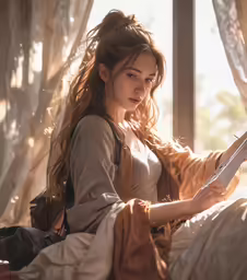 a woman is sitting reading a book in a room
