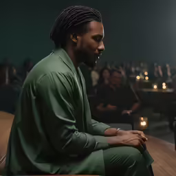 a man sitting on a table while talking