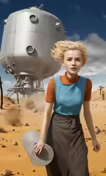 a woman with blonde hair and blue shirt standing in front of a white rocket