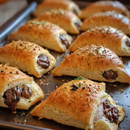 several pigs in a blanket with chocolate filling on top