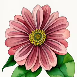 a watercolor drawing of a pink flower,a painting of a flower with watercolor paper and colored paper on it,a large flower is painted on paper with watercolors,watercolor flowers with green leaves on the side,a pink flower with green leaves and watercolor