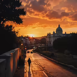 a woman walking down the road at sunset