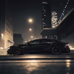 the sports car sits in a dark city street