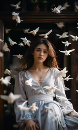the woman is sitting down with her face covered in butterflies