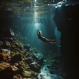 a person swims through the water off a cliff