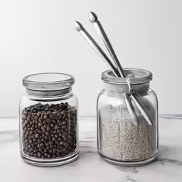 three jars with spoons and spices on a table
