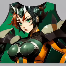 a woman with headphones is dressed in armor