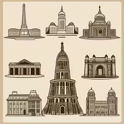 a variety of buildings that are outlined in black and brown,the architectural styles of the city of paris and other countries