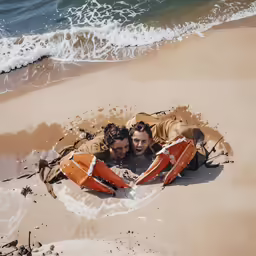 two people are laying in the sand on an orange lifeguard float