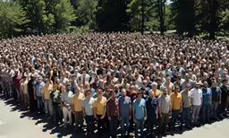 a group of people are all standing together