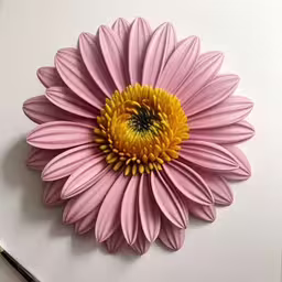 a pink daisy with a yellow center is lying on white paper