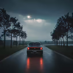 a car is driving down the road with a cloudy sky in the background