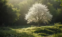 a light shines through the forest near a large tree