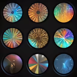a set of nine different colored lights inside the circle