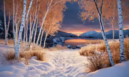 a path is leading to a lake in the winter
