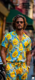a man wearing a short pajamas stands on the sidewalk,a man in blue and yellow is walking down the street