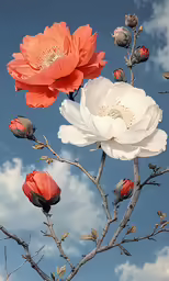 some large white and orange flowers are growing in the tree