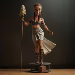 a woman in ancient clothing stands on a stand and holds an eagle