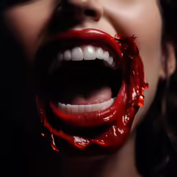 woman in blood red clothes biting her lips