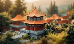 a model of an asian temple sits on a grassy hillside