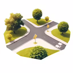 an overhead view of three trees near a road
