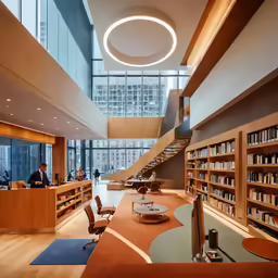 the large library has many books on shelves