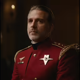 an old man dressed in red stands to look down