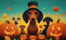a digital painting of two dogs in pumpkin costumes