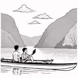 two people in a canoe on the lake with mountains behind
