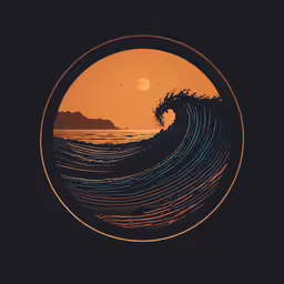 the ocean with a large wave coming out of it,a circular shape with an image of waves on the inside