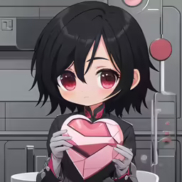 a girl holding a heart shaped object in front of a wall