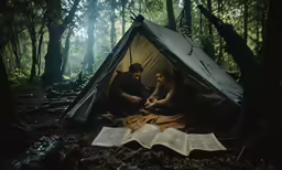 a man and a woman sitting in a tent in the woods reading